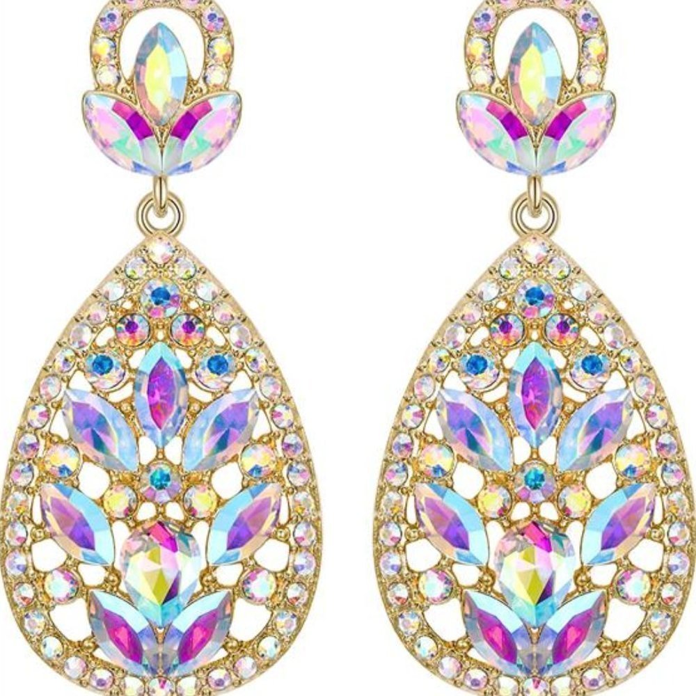 Iridescent Clear Gold-Tone Bohemian Teardrop Rhinestone Crystal Earrings